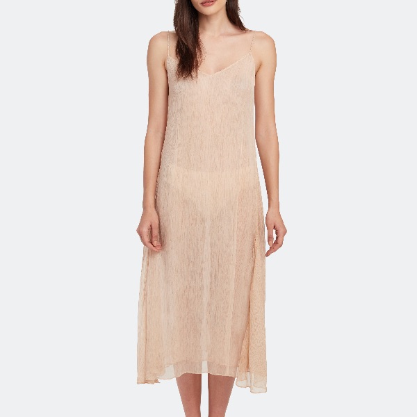 Skin Chiffon Silk Elegant Beige Midi Dress Night Gown Beach Coverup